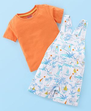 Babyhug Cotton Knit Beach Printed Dungaree with Half Sleeves Inner Tee - Orange Blue & White