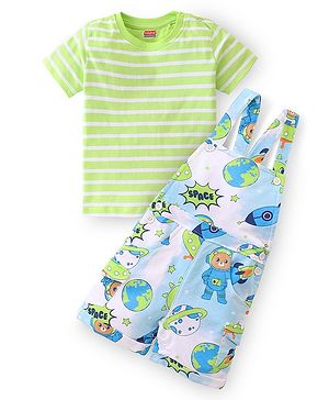 Babyhug 100% Cotton Knit Dungaree & Half Sleeves T-Shirt With Striped & Space Theme Print - Green & Blue