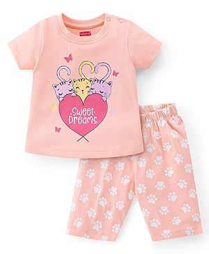 Babyhug Single Jersey Knit Half Sleeves Capri Night Suit Kitty Print - Peach