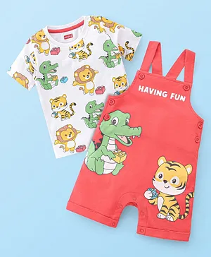 Babyhug Single Jersey Cotton Knit Dungaree with Half Sleeves Inner Tee Croc & Tiger Print - Red
