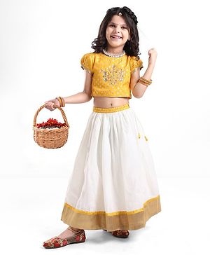 Babyhug Half Sleeves Pattu Pavada Choli & Lehenga with Floral Embroidery - Yellow