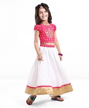Babyhug Half Sleeves Pattu Pavada Choli & Lehenga with Floral Embroidery - Fuchsia