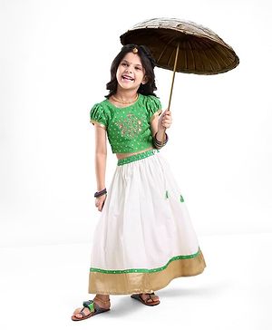 Babyhug Half Sleeves Pattu Pavada Choli & Lehenga with Floral Embroidery - Green