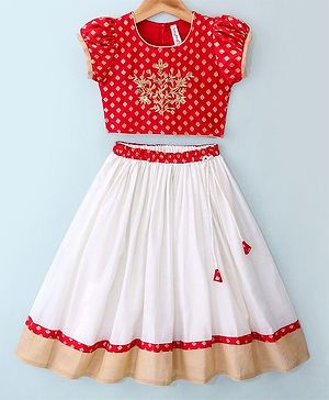 Babyhug Half Sleeves Pattu Pavada Choli & Lehenga with Floral Embroidery - Red