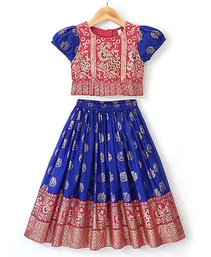 Babyhug Half Sleeves Pattu Pavada Choli with Lehenga Set with Bird Embroidery - Blue