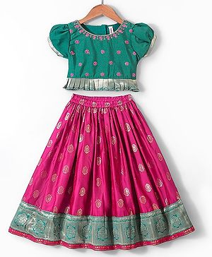 Babyhug Half Sleeves Pattu Pavada Choli with Lehenga Set with  Floral Embroidery - Fuchsia