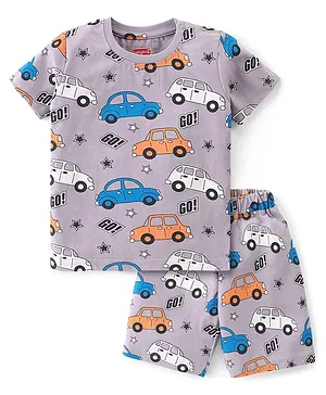 Babyhug Cotton Knit Single Jersey Half Sleeves Night Suit With Cars Print - Grey