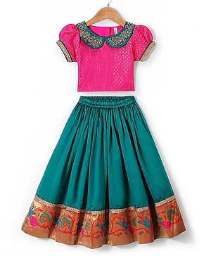 Babyhug Half Sleeves Pattu Pavada Choli with Lehenga Set with  Floral Embroidery - Teal Blue