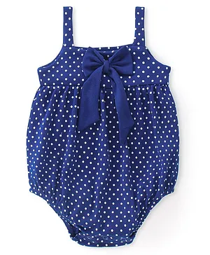 Babyhug 100% Cotton Knit Sleeveless Polka Dots Printed Onesie with Bow Applique - Navy Blue