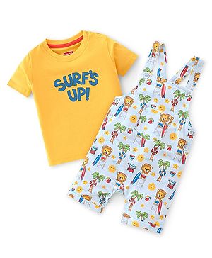 Babyhug 100% Cotton Knit Dungaree & Half Sleeves T-Shirt Set Text & Lion Print - Yellow & Blue