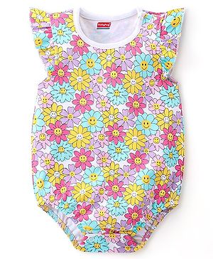 Babyhug 100% Cotton Knit Frill Sleeves Floral Printed Onesie - Multicolour