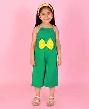 Lil Drama Sleeveless Bow Applique & Smocked  Detailed Jumpsuit - Green