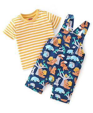 Babyhug 100% Cotton Knit Dungaree & Half Sleeves T-Shirt Set With Animals Print - Blue & Yellow