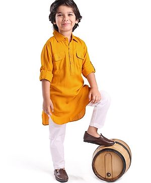 Babyhug Rayon Full Sleeves Pathani Kurta & Pyjama Set Solid Color - Yellow