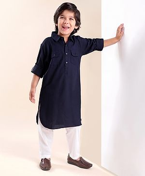 Babyhug Rayon Full Sleeves Pathani Kurta & Pyjama Set Solid Color - Navy Blue