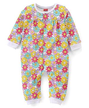 Babyhug 100% Cotton Knit Full Sleeves Romper With Floral Print- Multicolour