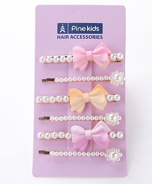 Pine Kids Hair Pins And Clips with Bow Applique Free Size Pack of 6 - Multicolour