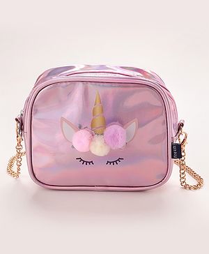 Pine Kids Sling Bag With Unicorn Print & Pom Pom Applique -Pink