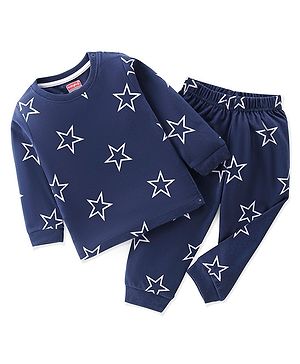 Babyhug Single Jersey Full Sleeves Night Suit Stars Print - Navy Blue