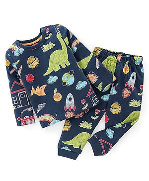 Babyhug Cotton Knit Full Sleeves Night Suit With Dino Print - Navy Blue & Green