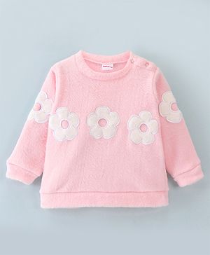 Babyhug Cotton Knit Full Sleeves Fur Sweatshirt with Floral Applique - Pink