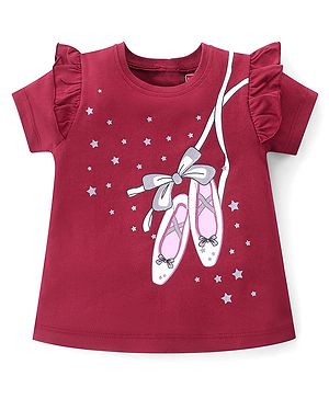 Babyhug 100% Cotton Knit Half Sleeves T-Shirt With Ballerina Shoes Glitter Graphics & Frill Detailing - Red