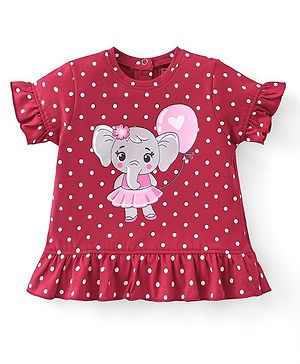 Babyhug Cotton Knit Half Sleeves Top  Polka Dot & Elephant Graphics with Frill Detailing - Maroon