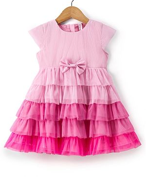 Babyhug Woven Cap Sleeves Layered Party  Dress with Bow Applique - Baby Pink