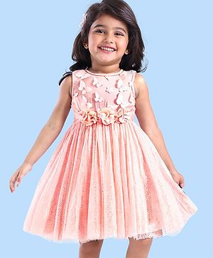 Babyhug Woven Sleeveless Party Dress with 3D Butterfly Applique - Peach