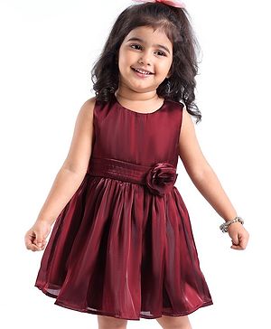 Babyhug Sleeveless Party Frock with Floral Applique - Maroon