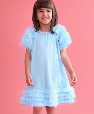Babyhug Sleeveless A Line & Glittery Party Frock with Frill Detailing - Frozen  Blue