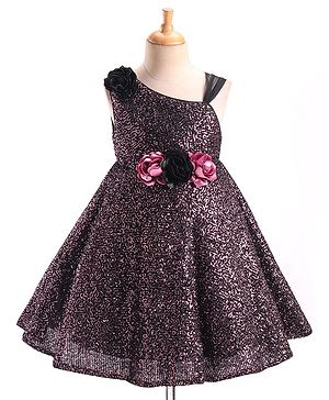 Babyhug Sleeveless  Floral Corsage Fit and Flare Glittery Party Dress - Dusty Pink