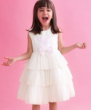 Babyhug Sleeveless Party Wear Tiered Dress with Bow Applique - Cream