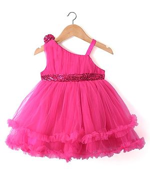 Babyhug Sleeveless Party Frock with Sequin & Frill Detailing - Fuchsia