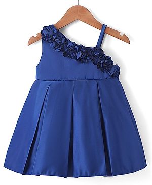 Babyhug Woven One Shoulder Sleeves Solid Color Party Wear Dress with Floral Corsage - Navy Blue