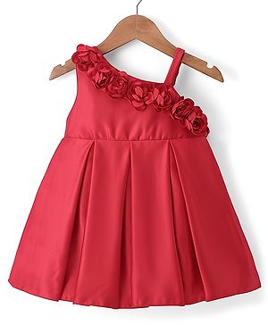 Babyhug Sleeveless Party Wear One Shoulder Dress with Floral Applique - Red