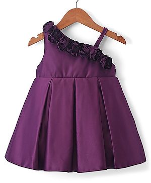 Babyhug Sleeveless Party Wear One Shoulder Dress with Floral Applique - Purple