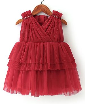 Babyhug Sleeveless Party Wear Frilled Dress With Pearl Detailing & Foil Print - Red