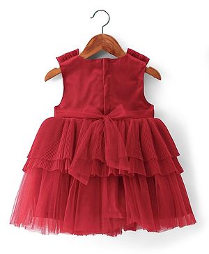 Babyhug Sleeveless Party Wear Frilled Dress With Pearl Detailing & Foil Print - Red