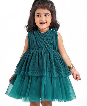 Babyhug Woven Sleeveless Frilled Party Dress with Pearls & Glitter Detailing - Bottle Green