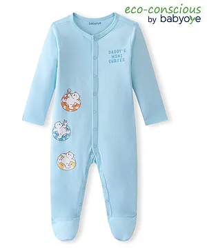 Babyoye 100% Cotton With Eco Jiva Finish Full Sleeves Sleep Suits  With Bear Print - Blue