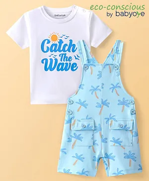 Babyoye 100% Cotton With Eco Jiva Finish Half Sleeves Dungarees & T-Shirt With Text & Tropical Print - Blue & White