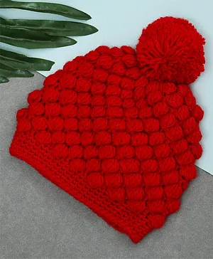Funkrafts Self Designed Handmade Acrylic Woollen Bobble Cap - Red