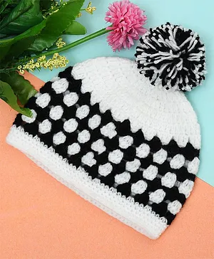 Funkrafts Handmade Soft Woolen Pom Pom Detailed & Colour Blocked Cap - Black & White