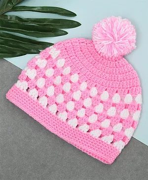 Funkrafts Handmade Soft Woolen Pom Pom Detailed & Colour Blocked Cap - Pink & White
