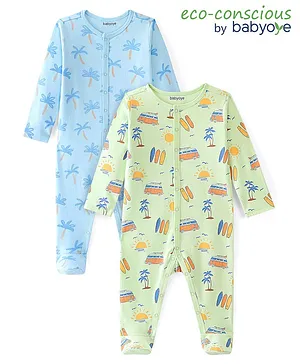Babyoye 100% Cotton With Eco Jiva Finish Full Sleeves Sleep Suits With Beach Theme  Print Pack Of 2 - Blue & Green
