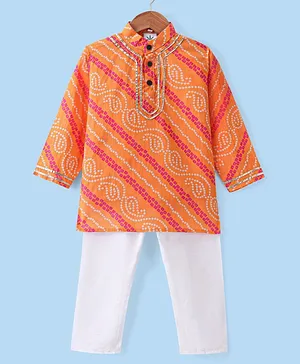 Teentaare Cotton Woven Bandhani Printed Full Sleeves Kurta With Pyjama Set - Orange