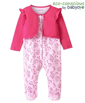 Babyoye 100% Cotton Woven Eco Conscious with Eco Jiva Finish Full Sleeves Flower Print Sleep Suit- Pink