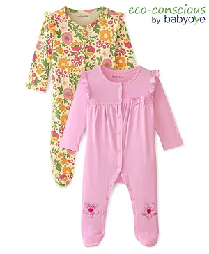 Babyoye Eco Conscious 100% Cotton with Eco Jiva Finish Full Sleeves Night Suit Floral Print & Embroidery Pack Of 2 - Cream & Pink