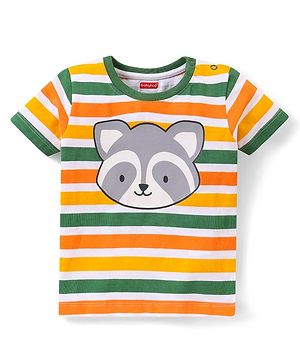 Babyhug Cotton Knit Half Sleeves Striped T-Shirt Raccoon Print - Multicolour